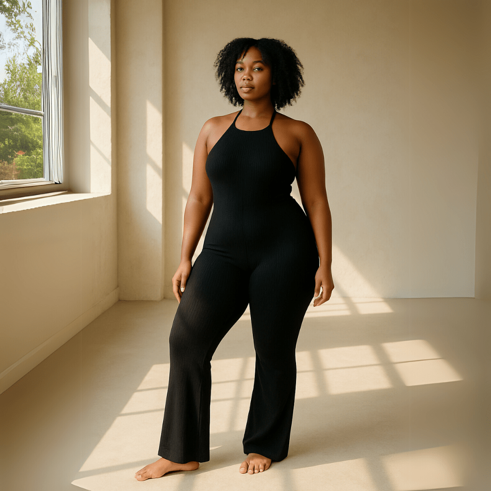 Look Alyfe RibFlex Halter-Neck Flared Jumpsuit - Black