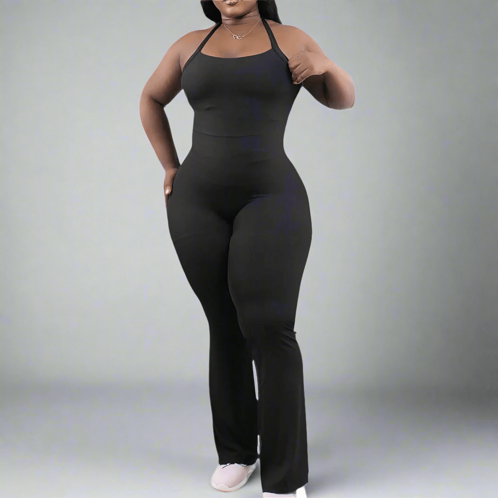 Look Alyfe RibFlex Halter-Neck Flared Jumpsuit - Black