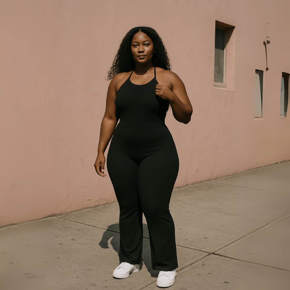 Look Alyfe RibFlex Halter-Neck Flared Jumpsuit - Black