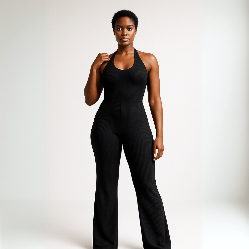 Look Alyfe RibFlex Halter-Neck Flared Jumpsuit - Black