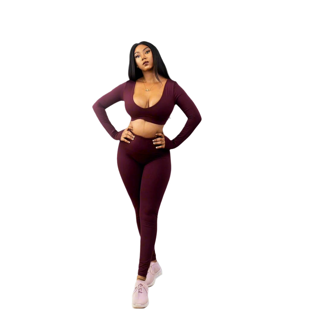 Look Alyfe Sculpt Luxe Seamless Long-Sleeve Crop Top & Leggings Set – Burgundy
