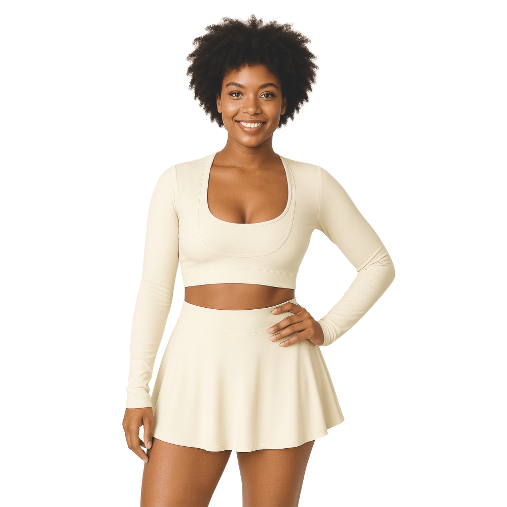 Look Alyfe Tennis Luxe 3-Piece Sports Bra, Flare Skirt & Long-Sleeve Cover Top Activewear Set - Cream