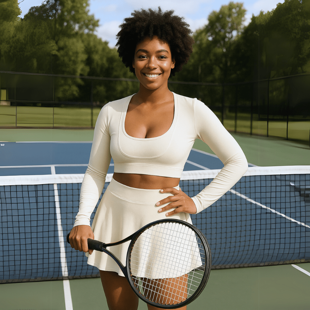 Look Alyfe Tennis Luxe 3-Piece Sports Bra, Flare Skirt & Long-Sleeve Cover Top Activewear Set - Cream