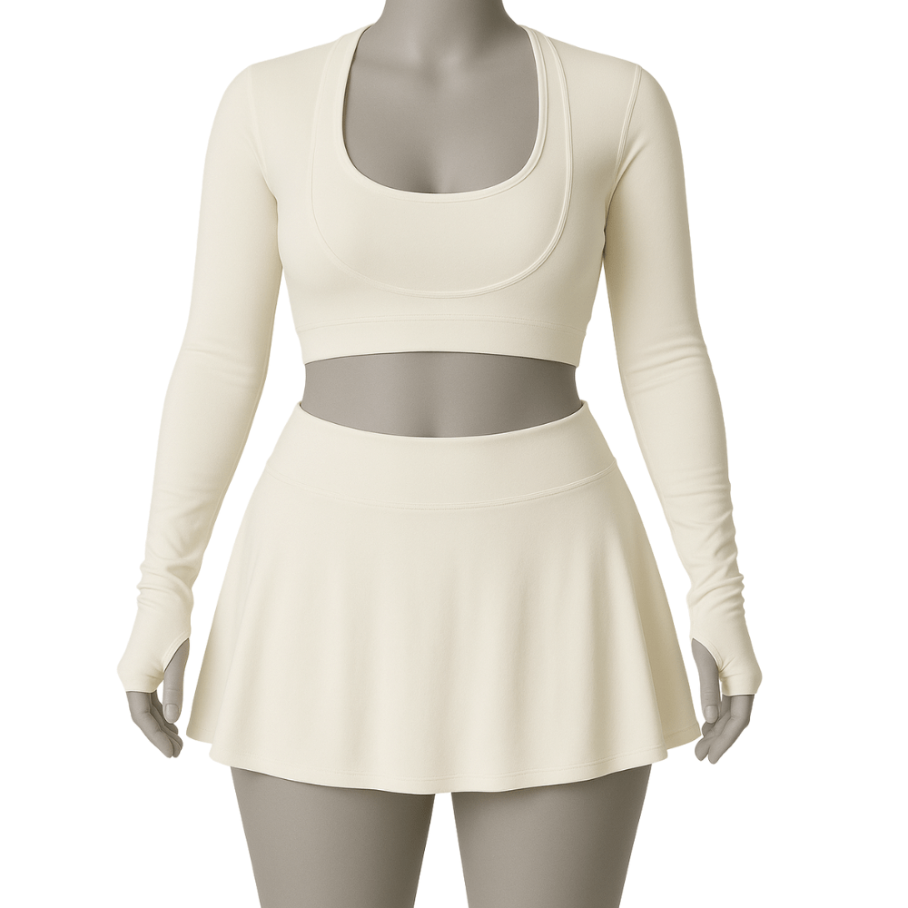 Look Alyfe Tennis Luxe 3-Piece Sports Bra, Flare Skirt & Long-Sleeve Cover Top Activewear Set - Cream
