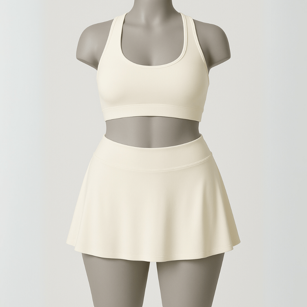Look Alyfe Tennis Luxe 3-Piece Sports Bra, Flare Skirt & Long-Sleeve Cover Top Activewear Set - Cream