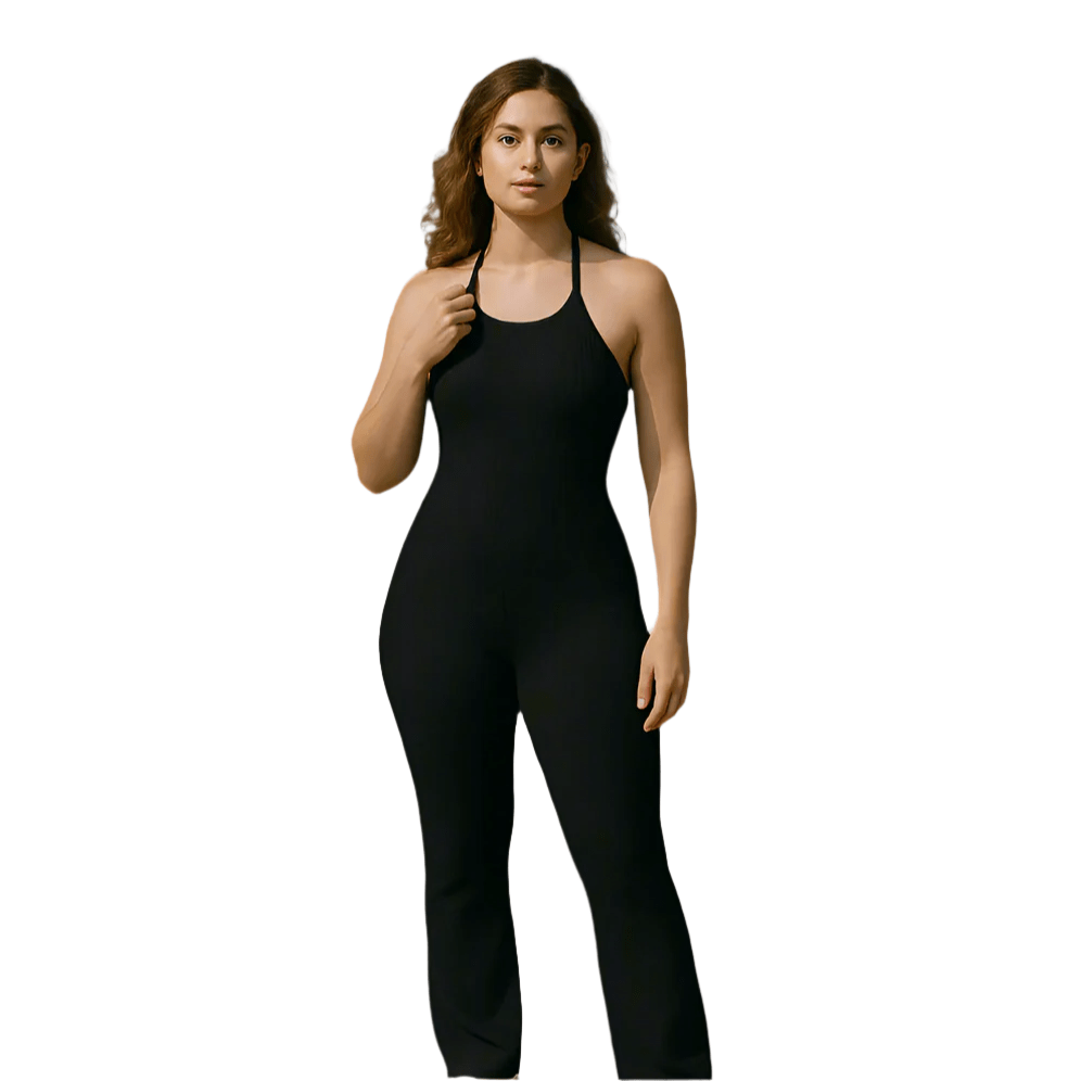 Look Alyfe RibFlex Halter-Neck Flared Jumpsuit - Black
