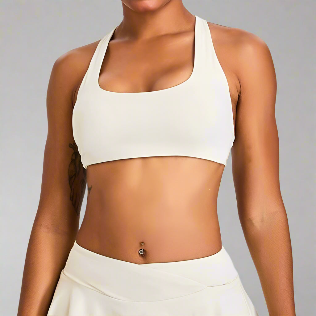 Look Alyfe Tennis Luxe 3-Piece Sports Bra, Flare Skirt & Long-Sleeve Cover Top Activewear Set - Cream