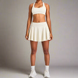 Look Alyfe Tennis Luxe 3-Piece Sports Bra, Flare Skirt & Long-Sleeve Cover Top Activewear Set - Cream